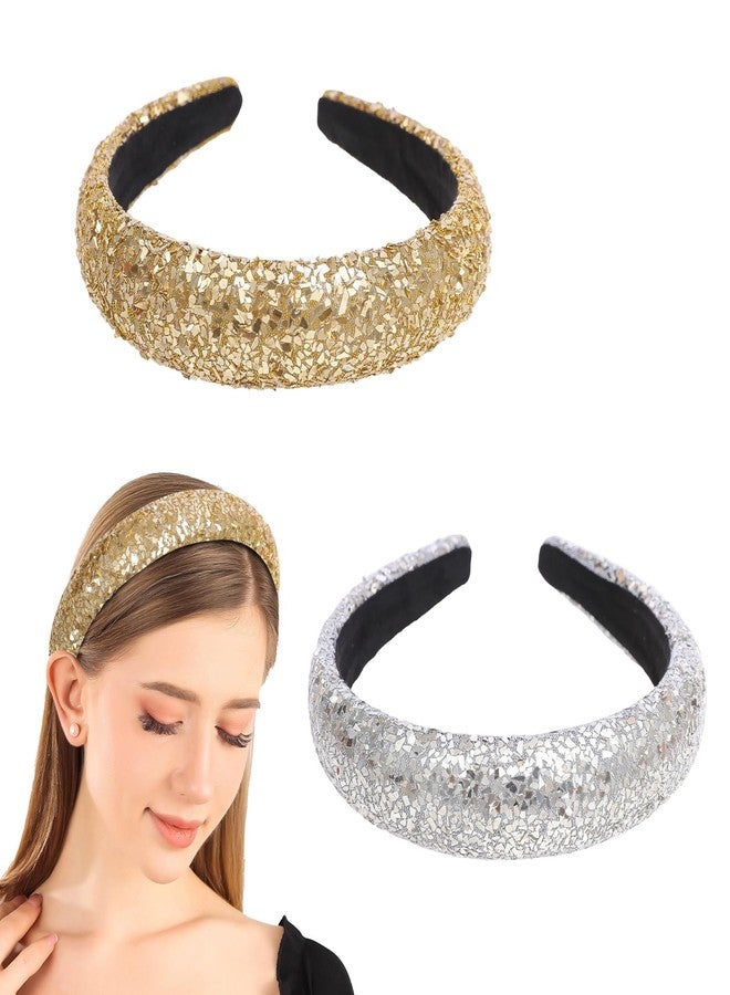 Cutewing Sequin Headbands for Women Girls,2PCS Sparkle Wide Padded Headband Gold Sliver,Fashion Glitter Hairbands Hair Hoops Comfortable for Daily Prom Party Head Accessories - Image 1